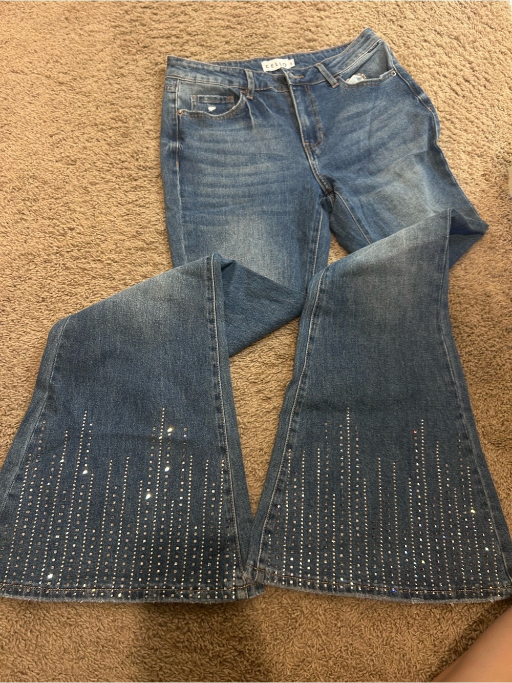 Cello Blue Embellished Rhinestone High Waisted Flare Jeans - Women's